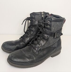 UGG sz 9 Kesey Waterproof Leather Black and Grey Lace Up Zip Up Boots Buckle
